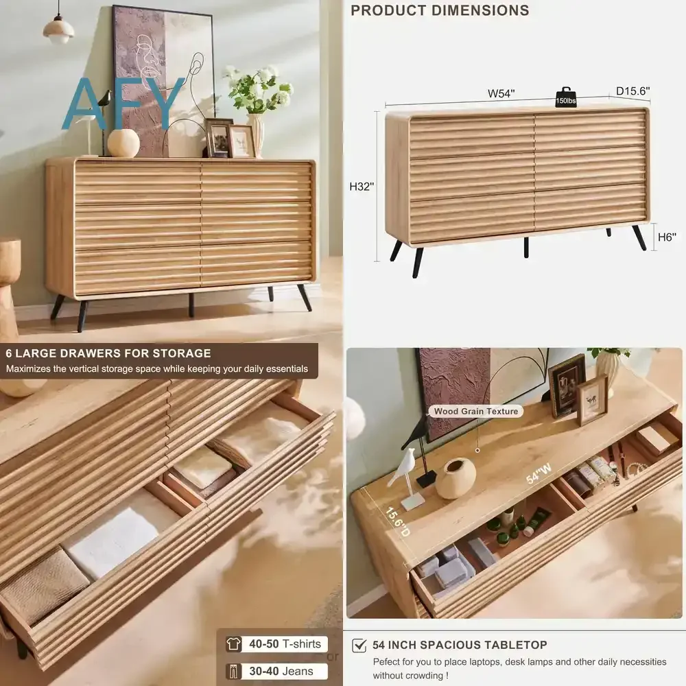 6 Drawers Dresser for Mid Century Modern Bedroom Furniture Minimalist Chest with Tapered Legs Fluted Wood Design 54 Inch Wide