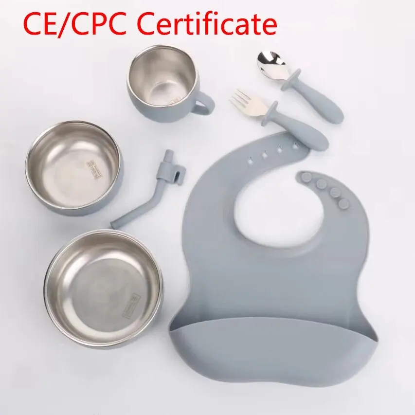 

7-Piece Children's Dishes Set Baby Stainless Silicone Tableware Set Suction Cups Forks Spoons Mother and Baby Supplies