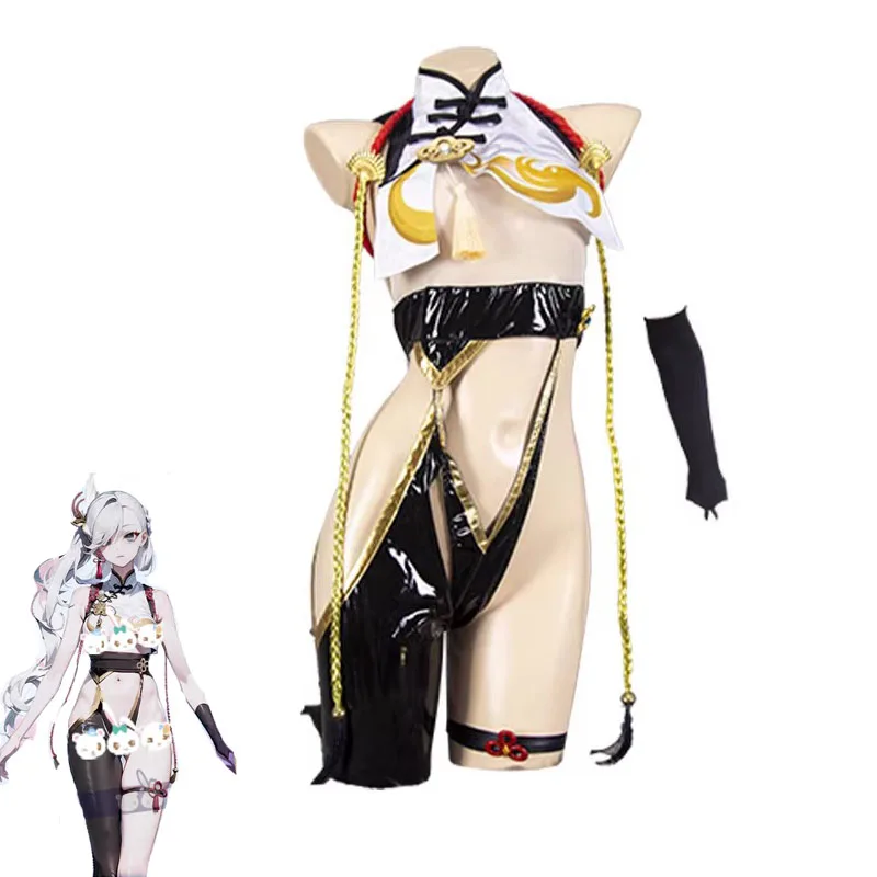 

Anime Game Genshin impact Shenhe Cosplay Costume For Women Sexy Leather Bodysuit Headwear Suit Bikini Swimsuit Halloween Costume
