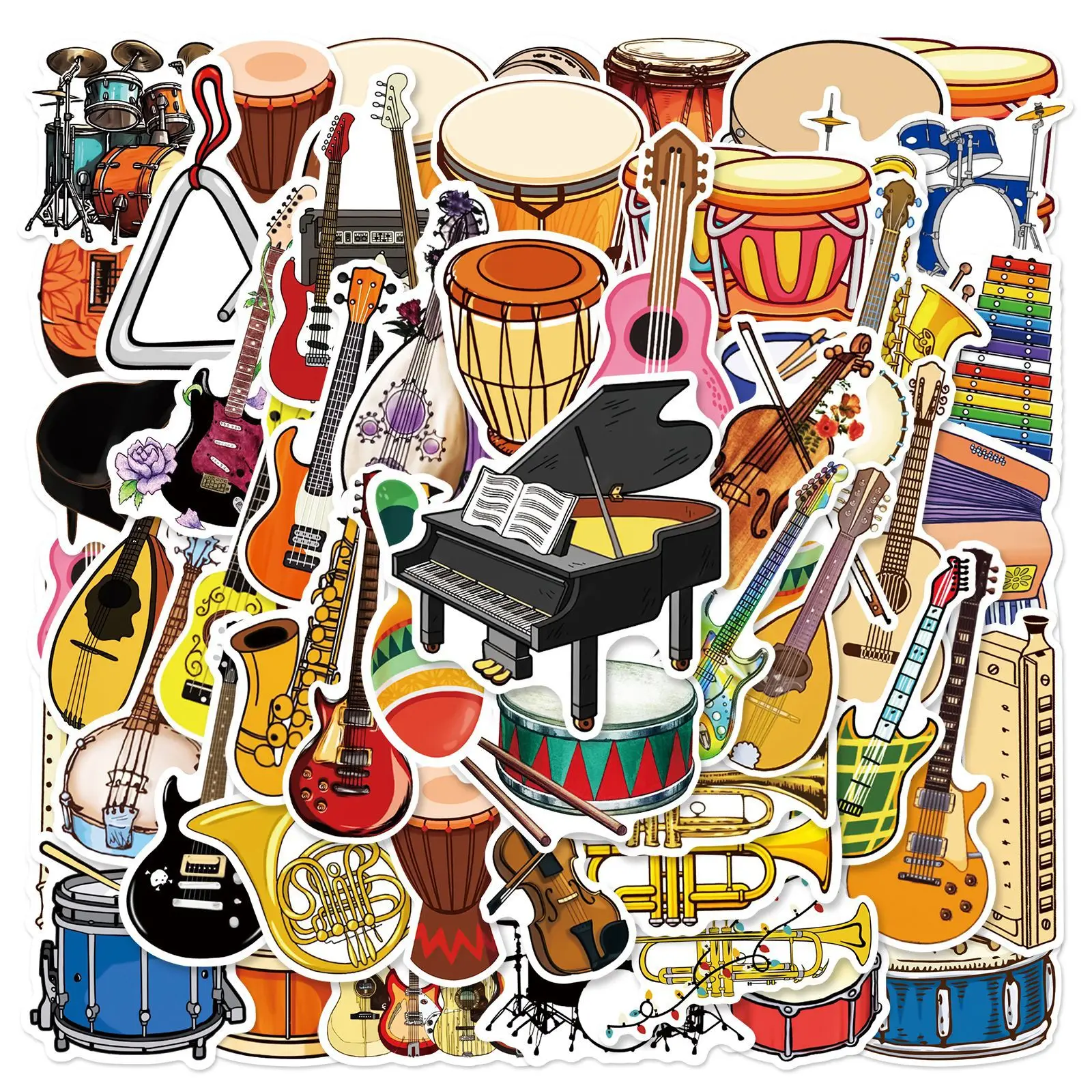 

50PCS Cartoon DIY Music Instrument Performance Stickers Set For Piano Violin Stand Drum Guitar Waterproof Non-stick Decals