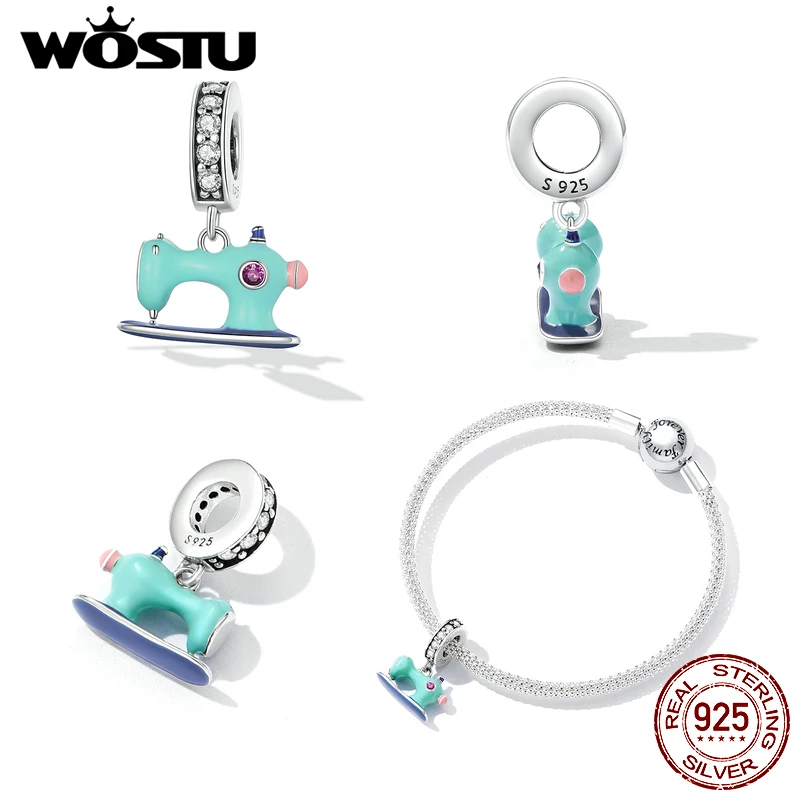 WOSTU 925 Sterling Silver Colorful Sewing Machine Charm Bead Pendant Fit Original Bracelet Necklace For Women Jewelry CQC2224