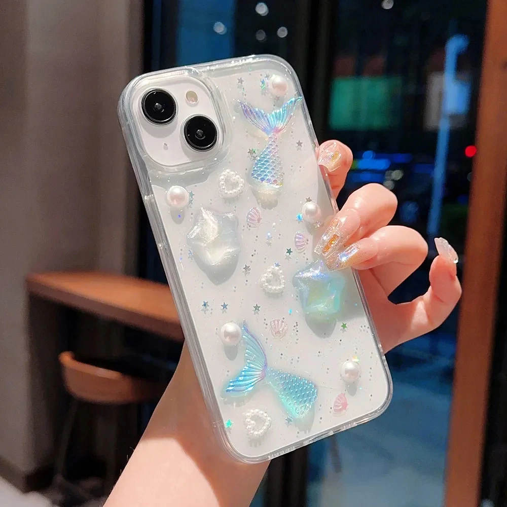 3D Epoxy Star Mermaid Fish Tail Case For iPhone 15 14 13 12 11 Pro Max XS XR  Plus Mini SE Clear Soft TPU Cover Skin