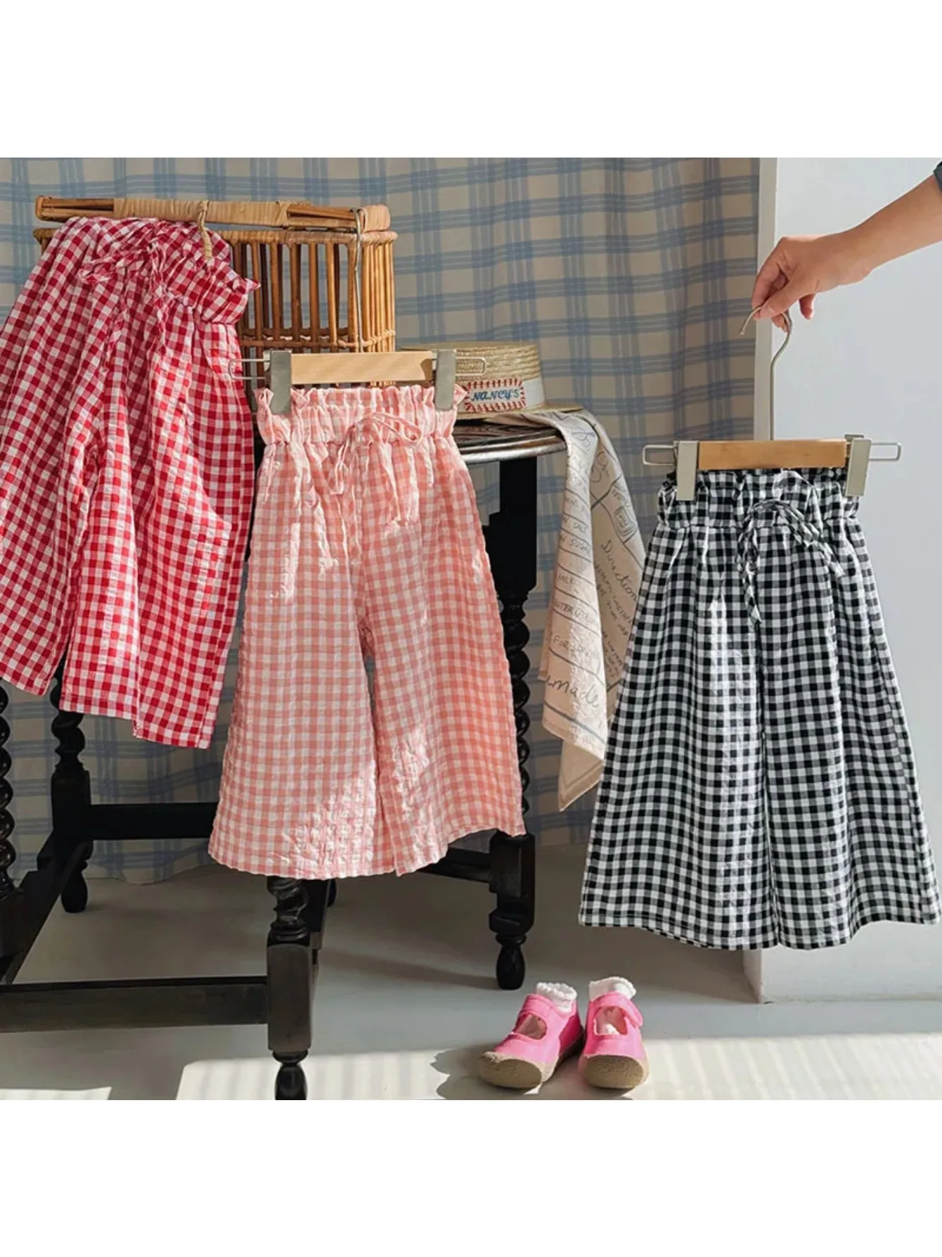 Summer Girls Mosquito Repellent Wide Leg Pants 2025 Fashionable New Casual Plaid Pants High Waist Loose Pants