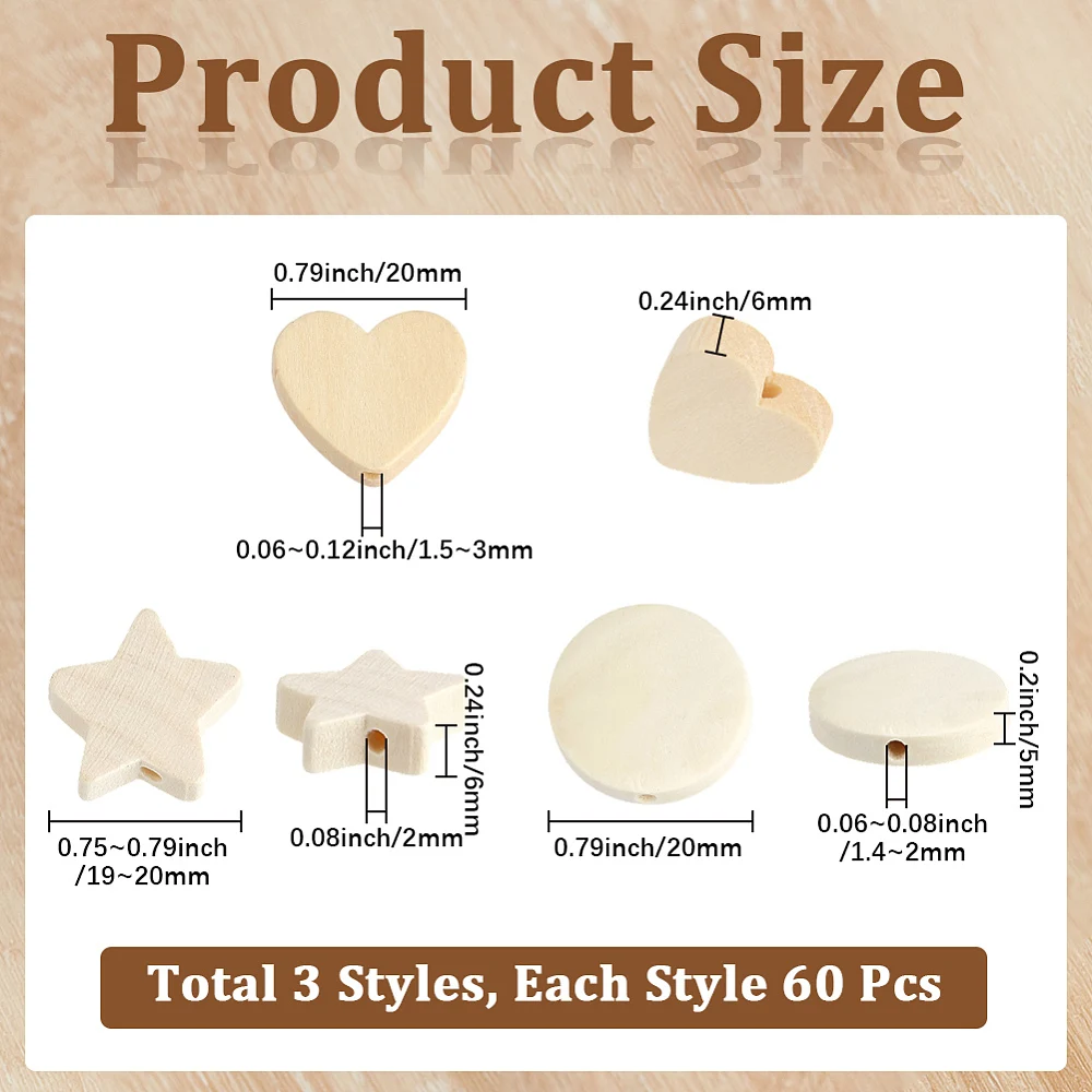 180PCS Flat Wood Beads Star Heart Round Unfinished Wooden Rustic Stars Hearts Unpainted Loose Spacer Bead Charm Bulk