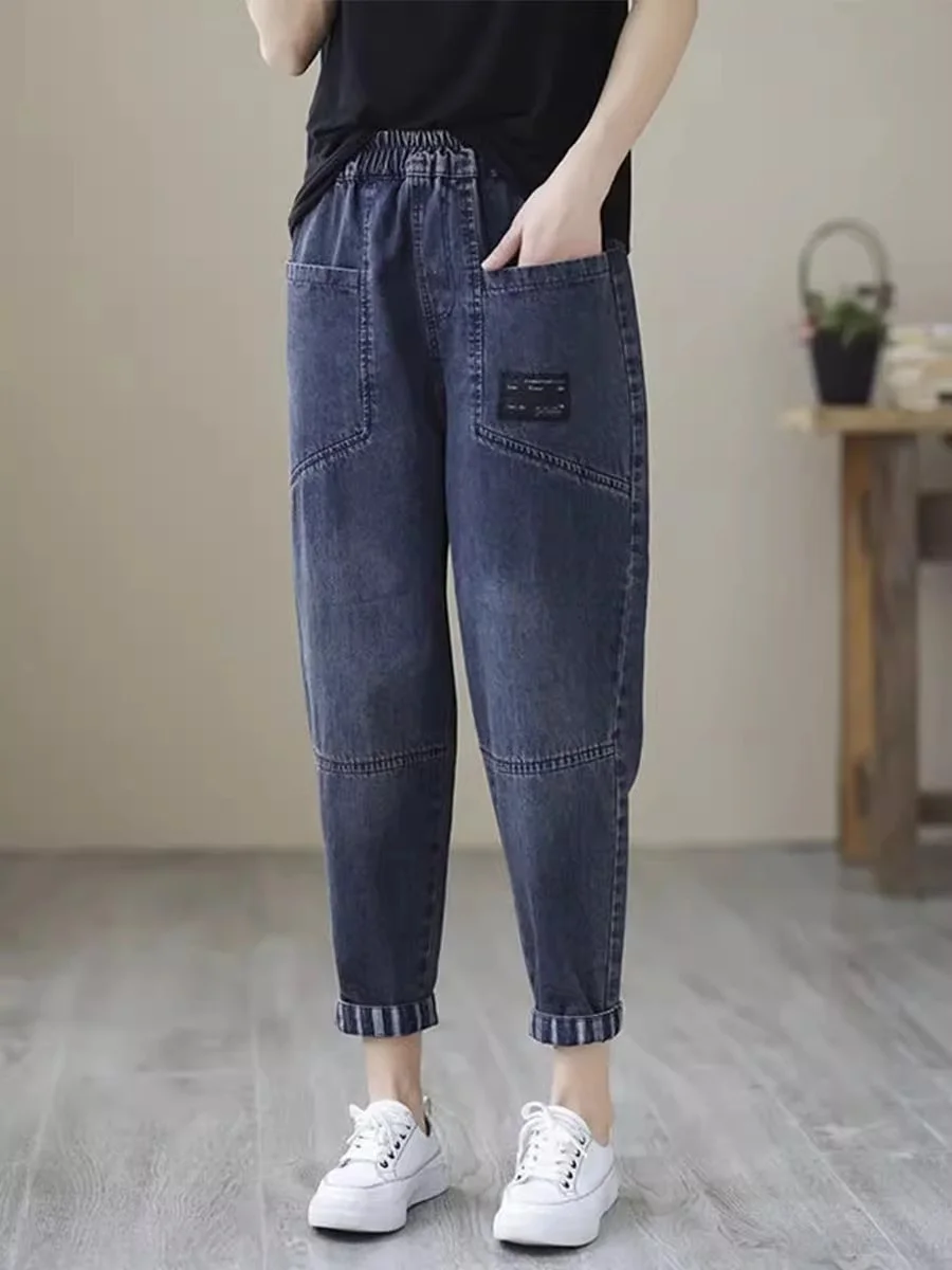 

Повседневные джинсы-харлан с высокой талией, лоскутным дизайном, эластичным поясом, в стиле «папины джинсы», больших размеров, разноцветные, универсальные, для весны и осени