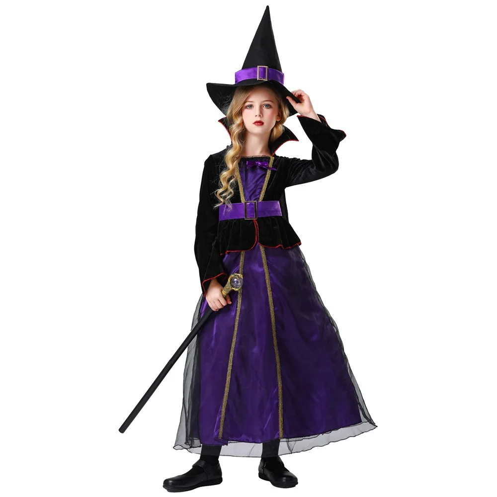 

Children's Witch Costume with Witch Hat Girl Gothic Renaissance Dress Halloween Purple Witch Dress Set Cosplay