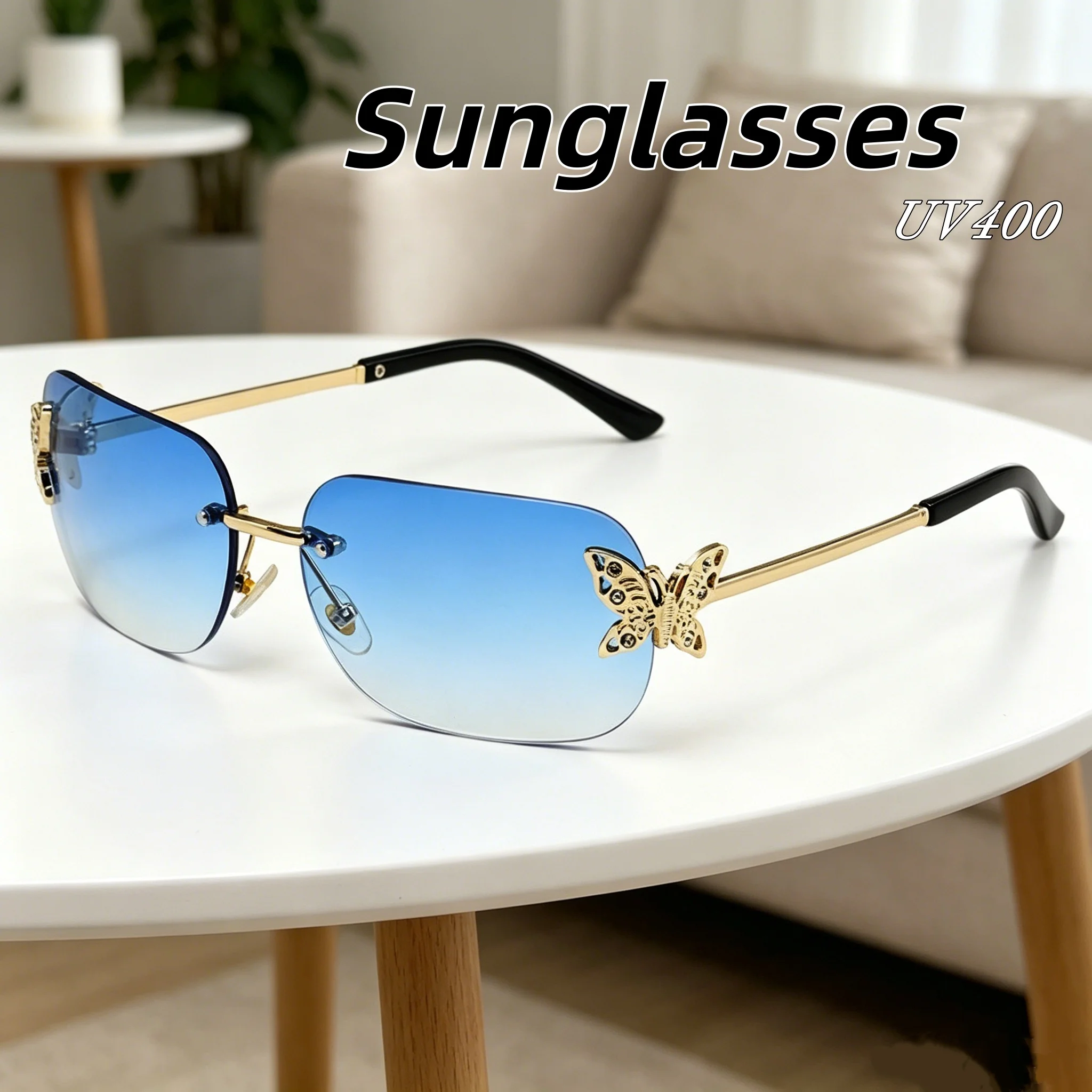New Fashionable Diamond Inlaid Butterfly UV400 Sunglasses Rimless HD Ultra Light Women's Eyeglasses Luxury Street Style Eyewear