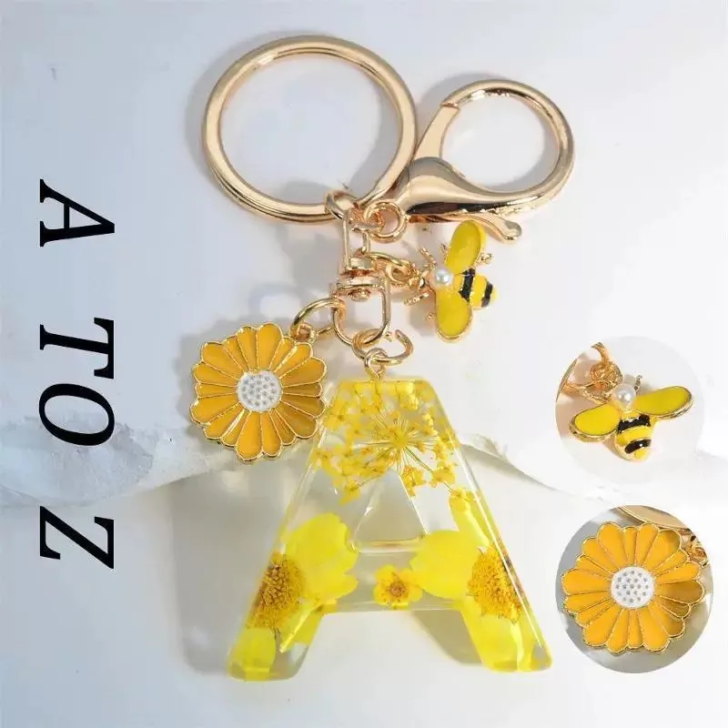 Requintado a a z girassol amarelo 26 chaveiro inicial acrílico margarida abelha pingente chaveiro para mulheres acessórios de bugiganga de carro