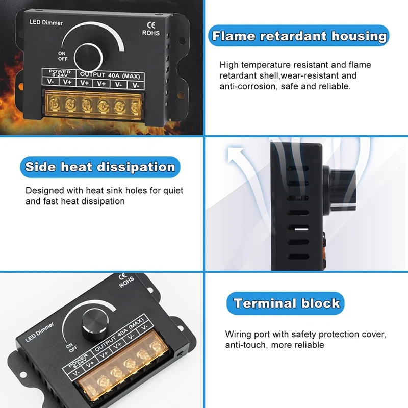 12v LED Dimmer Switch with RF Remote Control &Timer Function, DC 5-24V 40A Aluminum Housing PWM Dimming Controller-DT30