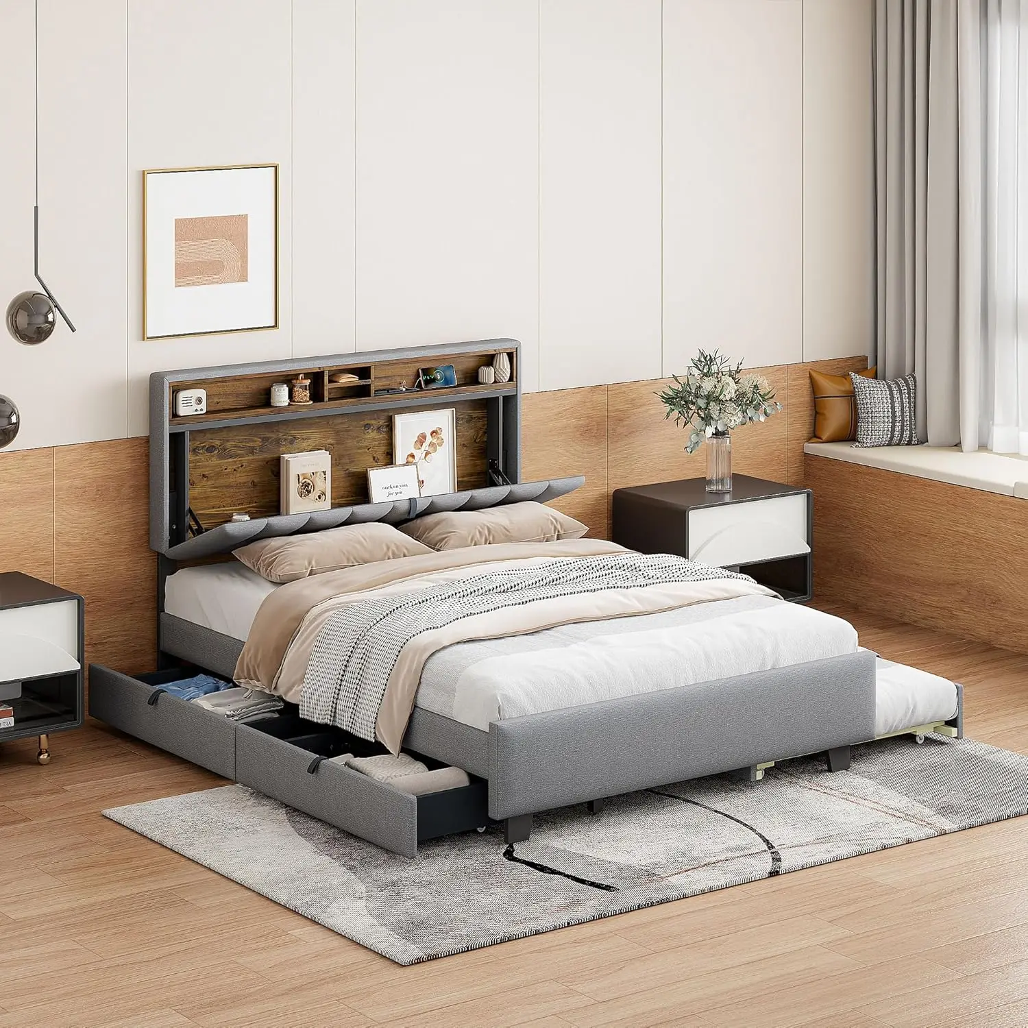 

Мягкая кровать размера «queen-size» с изголовьем для хранения вещей, двойная выдвижная кровать размера Xl, 2 ящиками и USB-портами, кровать-платформа из льняной ткани