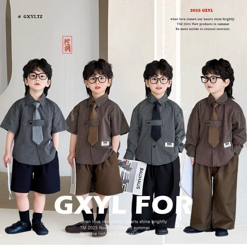 2 PCS set Summer Boys Clothing set Stripes Shirt+Shorts Pants +Tie Kid Children baby toddler Handsome Suits clothes 2-9 years
