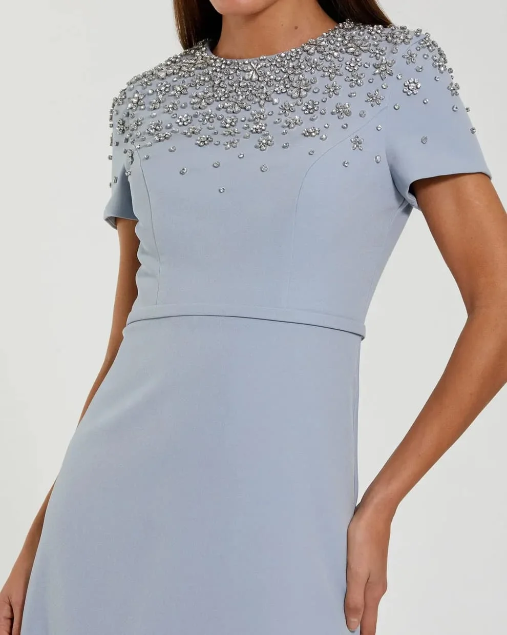 Customized  Short Sleeve Mermaid Evening Gown Full Chest Crystal Beading Crepe Floor Length Modest Dress For Women Wedding Gown