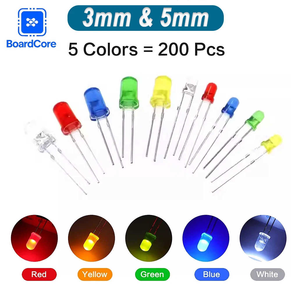 200Pcs Led Diode kit 3mm & 5mm Clear LED Light Emitting Diodes Bulb LED Lamp Red Green Blue Yellow White, for Science Experiment