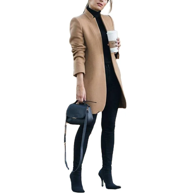 New Fashionable Solid Color Stand Up Collar Woolen Coat