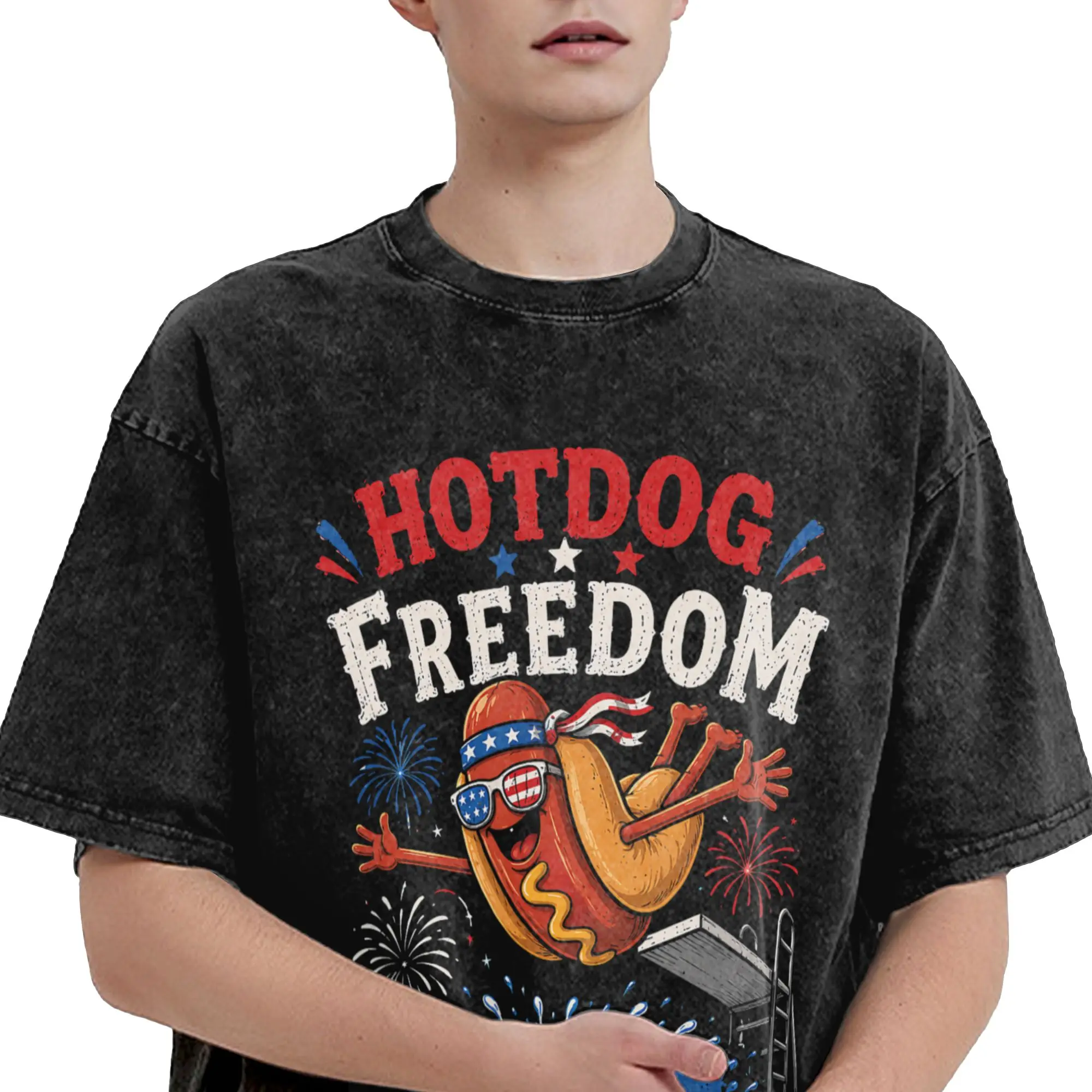 Hotdog Freedom Dive  T Shirts Hip Hop Washed Cotton Oversize T-Shirts  Vintage Men Women Streetwear Printed Tops Tees