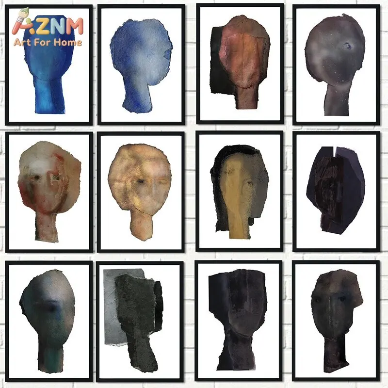 AZNM Abstract Watercolor Distorted Human Head Portrait Frameless Canvas Poster Modern Moody Art Studio Living Room Wall Decor