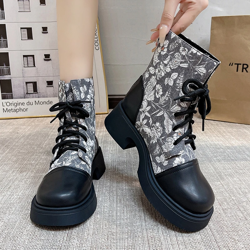 Pumpkin Print Chunky Heels Ankle Boots Women 2024 Autumn Winter PU Leather Booties Woman Fashion Lace Up Platform Combat Boots