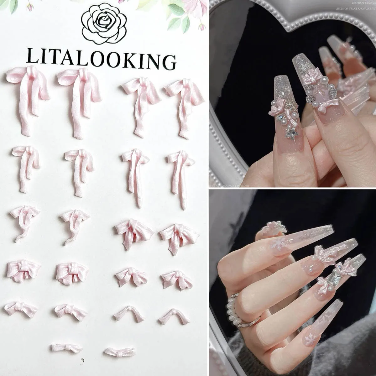 

Sweet Style Pink Bow Resin Nail Charms 3D Creative Irregular Soft Ribbon Tie Nail Art Decorations for DIY Princess Nails Designs