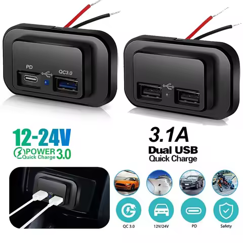 PD QC3.0 Quick Charge Car Charger Socket 12/24V Dual USB Charger Outlet Panel Power Adapter for Truck Camper Caravan Accessories