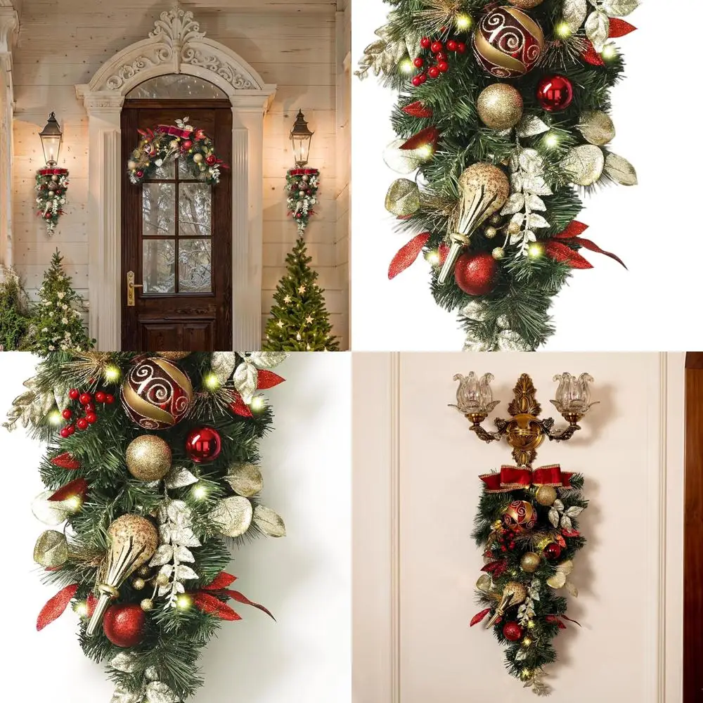 

24 Inch Pre-Lit Teardrop Swag with 20 LEDs, Red & Gold Ornaments for Outdoor Christmas Decor