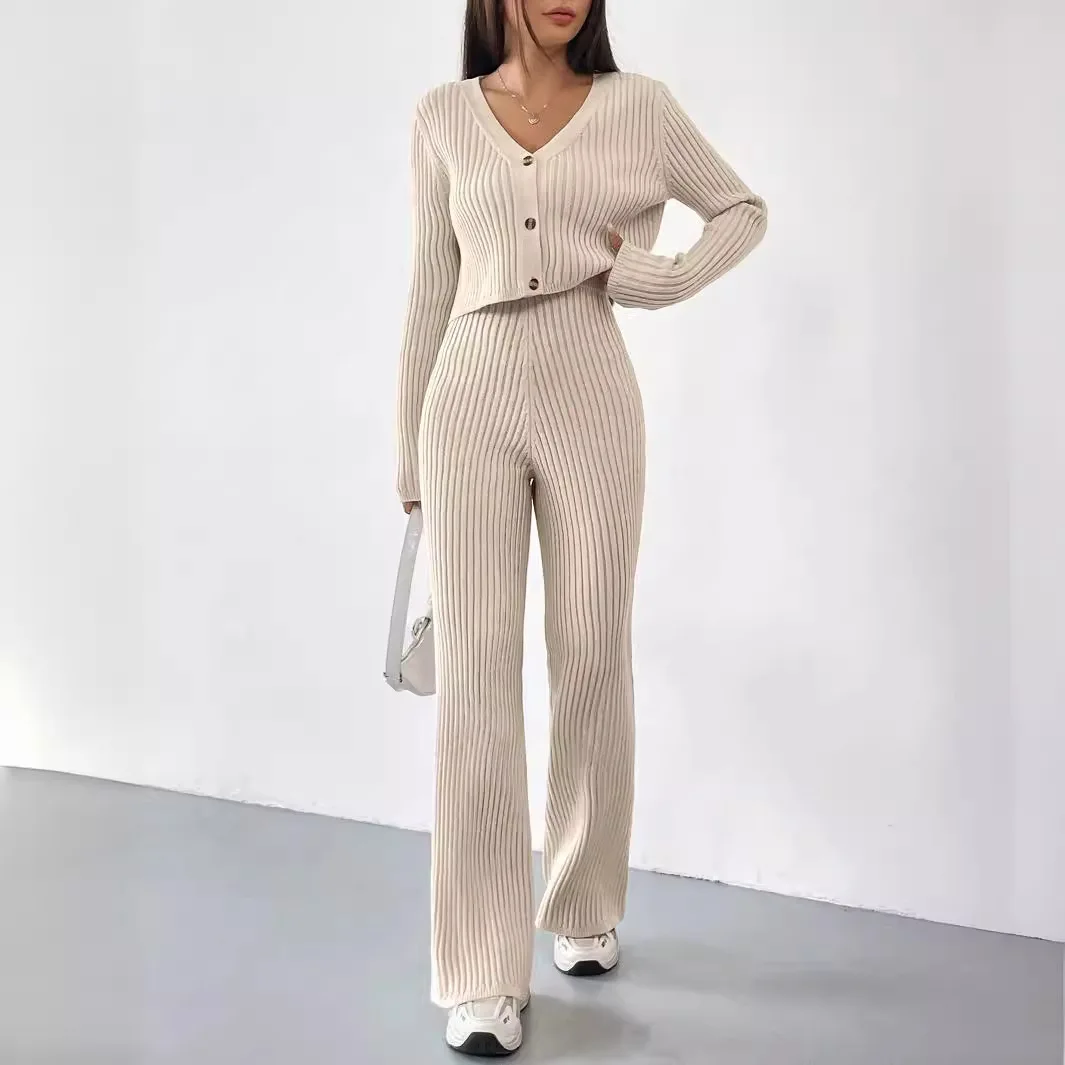 Autumn Winter 2 Pieces Women Sets Knitted Tracksuit 2025 New Sweater and Wide Leg Jogging Pant Pullover Suits