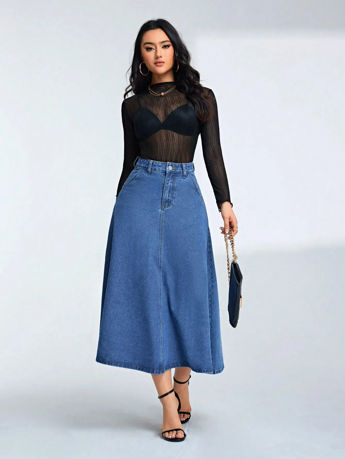 Damska dżinsowa spódnica midi z wysokim stanem, o kroju litery A, z przednim szwem.