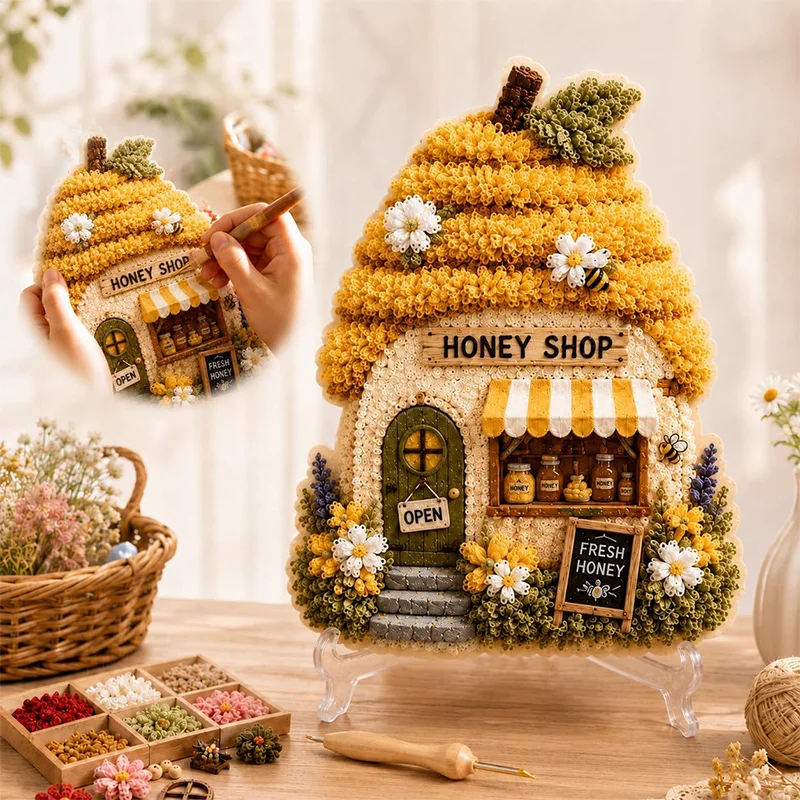 3D Mushroom House Poke Art DIY Kit Fabric Punch Needle Embroidery Set Hand‑Making Craft Kit with Tool & Colorful Yarn Home Decor view 3