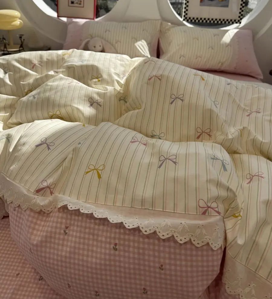 

Romantic sweet fairyfair lace bow plaid stripe pink bed set,full queen lovely cotton home textile sheet pillow case quilt cover