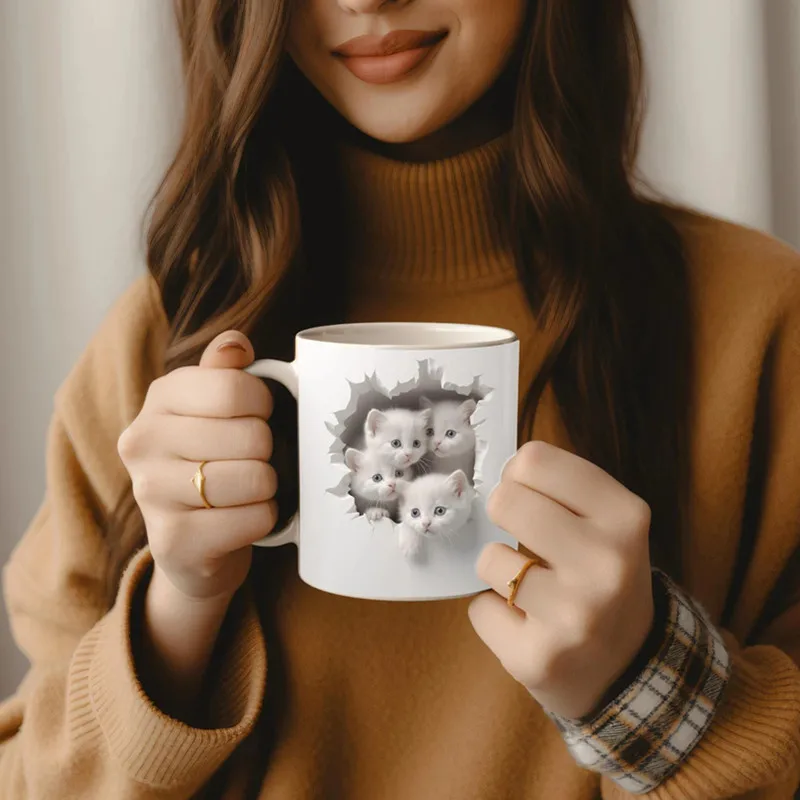 

Dropshipping 3D Effect CAT Coffee Mug Wrap 11oz Sublimation Hollow Walls Hole Ceramic Tea Cup Beer Mugs Milk Cups Surprised Gift