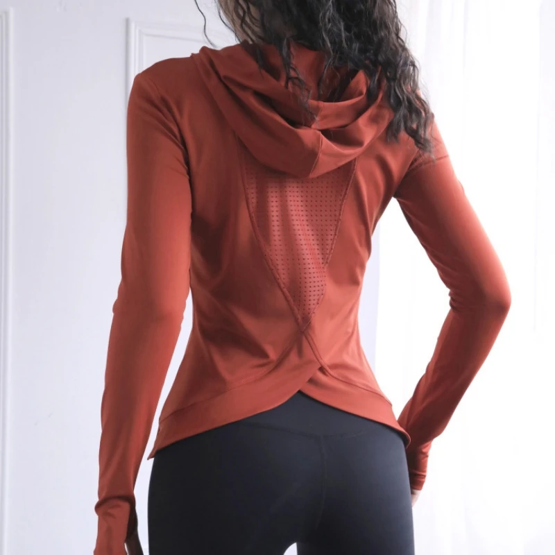 Women\'s Back Fork Mesh Breathable Yoga Shirt Long Sleeve Thumb Hole Hoodie Waist Tops Slim Slim Fitness Clothing