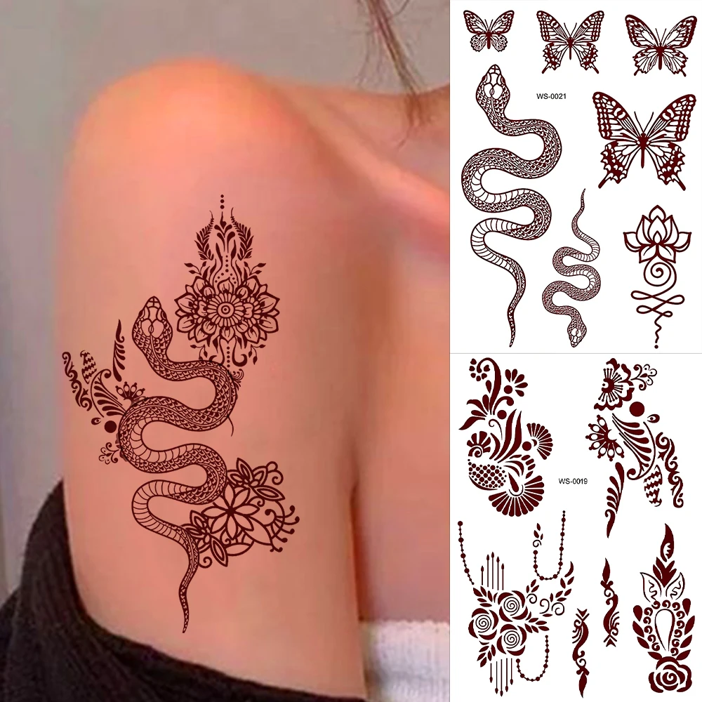 1Sheet Snake/Henna Tattoos Temporary Sticker Vintage India Mehndi Style Instant Fake Body Art Stickers for Wedding Party 21*15cm