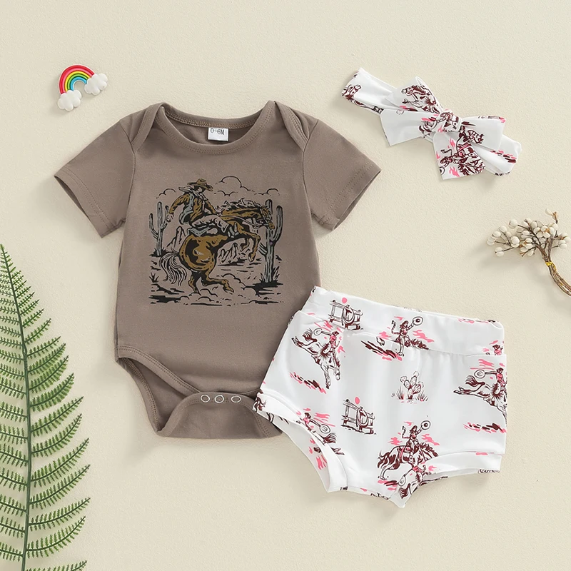 

Baby Girl Summer Casual Outfits Horse Cactus Western Elements Print Short Sleeve Rompers Shorts Headband 3Pcs Clothes Set