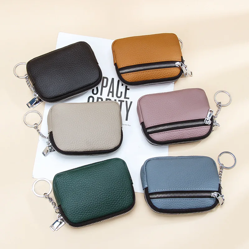 Genuine Leather Coin Purse with Keychain for Women Small Change Purse for Coins Women's Zipper Wallet Top Layer Cowhide