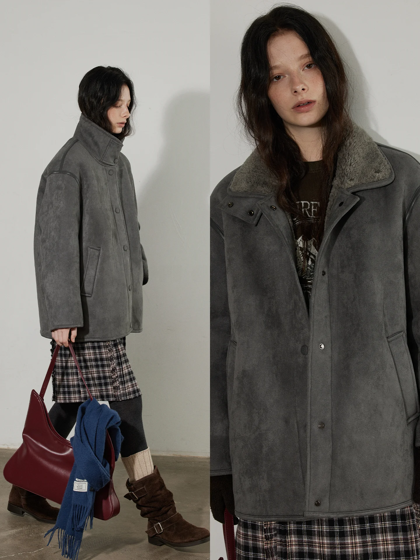 

Женская замшевая куртка Lofi с мехом, новая зимняя теплая свободная верхняя одежда, пальто для повседневной носки, с длинными рукавами, на пуговицах