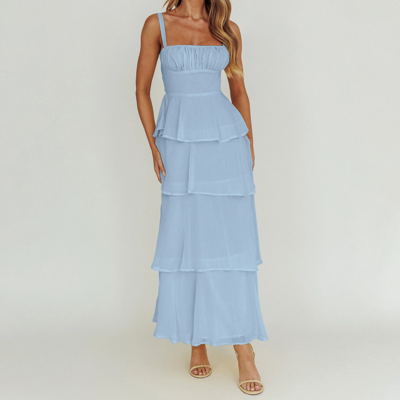 Vestido largo de verano para mujer, color sólido, sin mangas, con tirantes finos, busto ahumado, vestido de pastel delgado