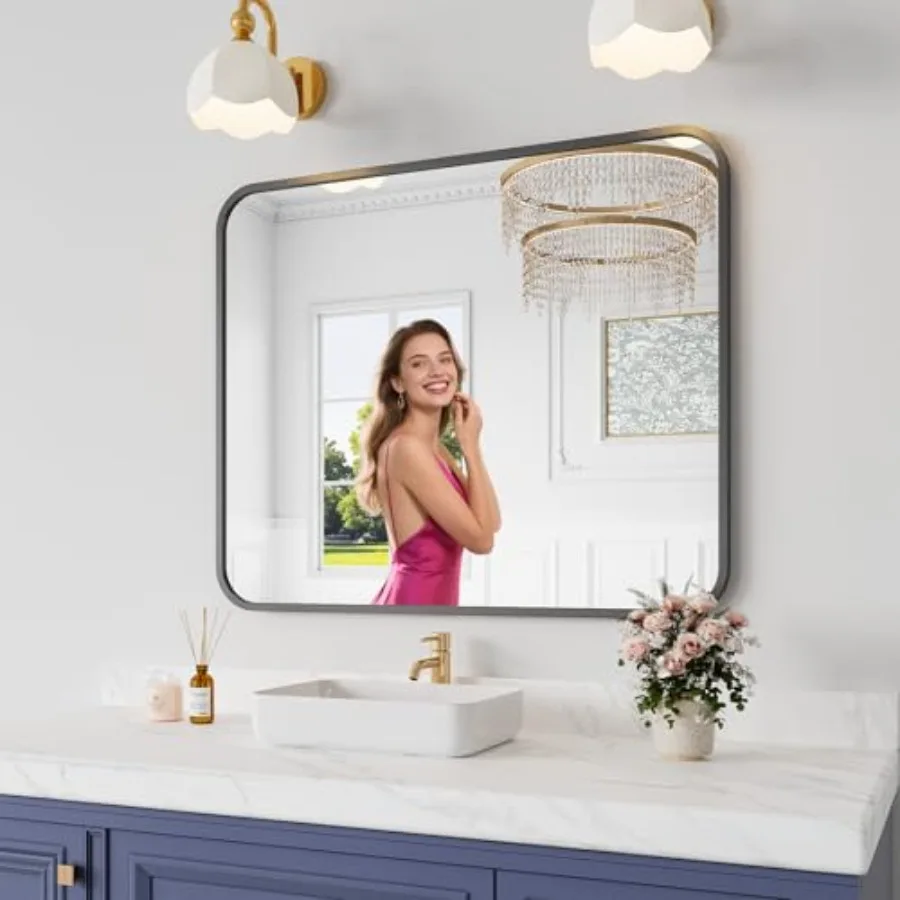

Bathroom Mirror 30X36 Inch Black Metal Framed Mirror for Bathroom Tempered Glass Anti-Rust Rounded Rectangle Mirror for Restroo