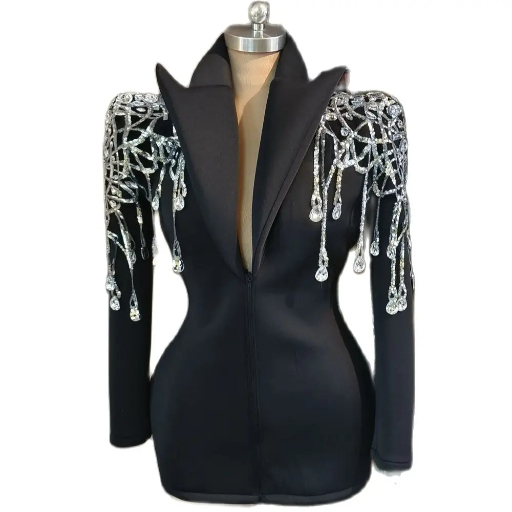 Black Puffy Women Blazer Design Long Sleeve Zipper Night Bar Nightclub Party Birthday Queen Costume Stretch Drag Outfit