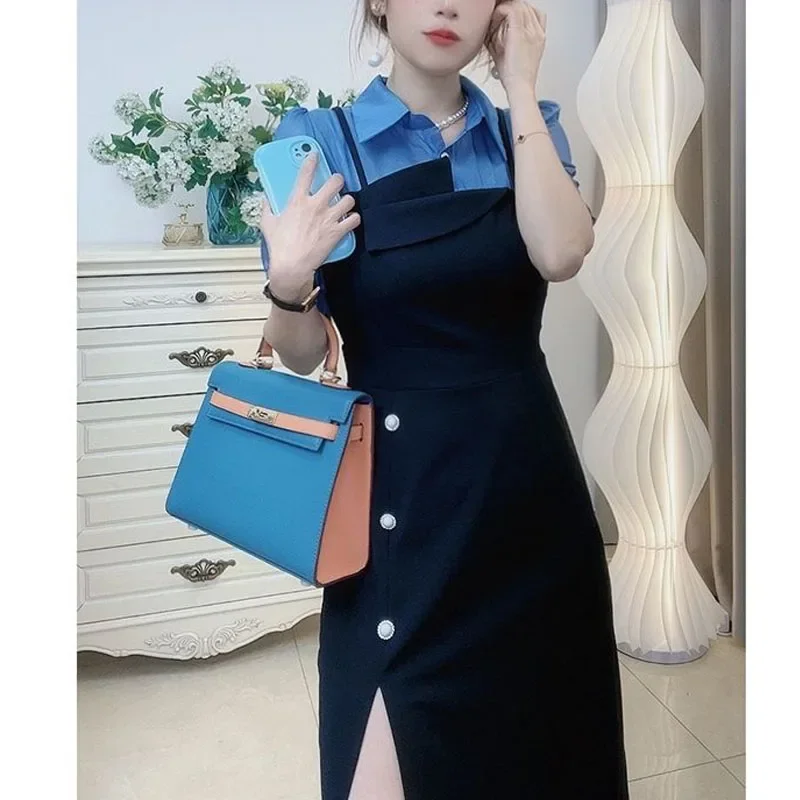 

Korean 2024 Summer New Women French Fashion Niche Luxury Asymmetrical Slim Lapel Collar Button Contrasting Colors Forking Dress