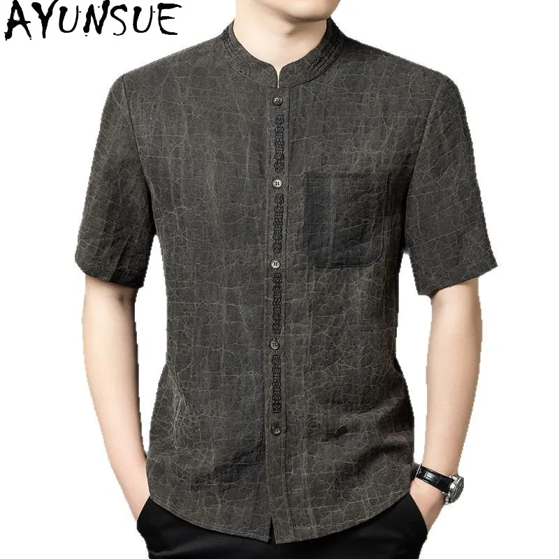 

AYUNSUE 100% Real Mulberry Silk Shirt for Men Summer Top 2026 High Quality Short Sleeve Shirts Man Stand Collar Gauze Silk Shirt