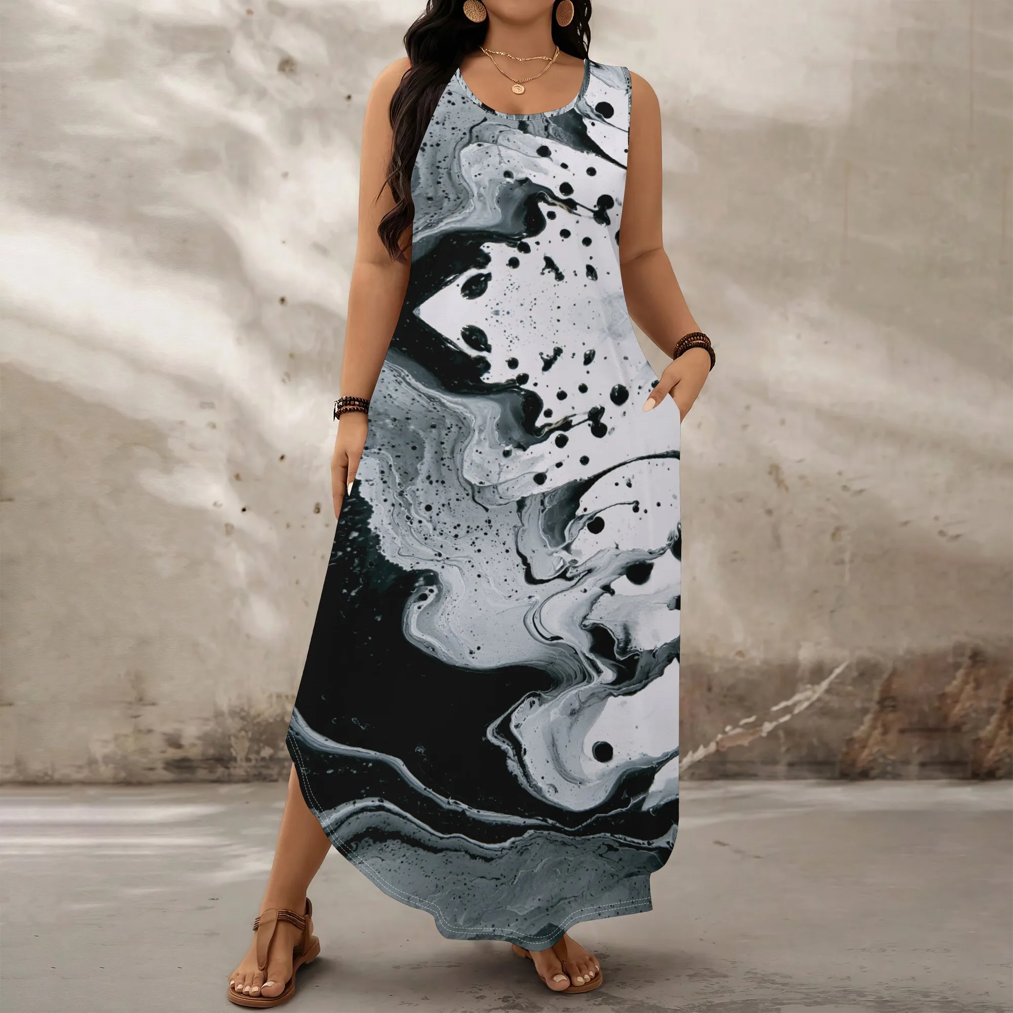 

Women Plus Size Sleeveless Maxi Dress Black White Abstract Print Casual Summer XL-6XL