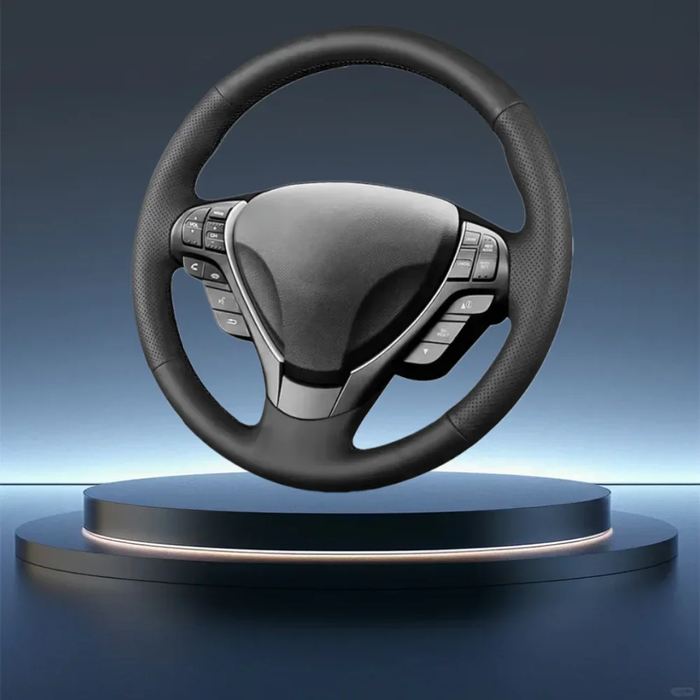 غطاء عجلة القيادة مثقوب مصنوع يدويًا من الجلد الأسود المصنوع يدويًا لموديلات Acura ILX وRDX وTL وZDX من 2013 إلى 2015 #1