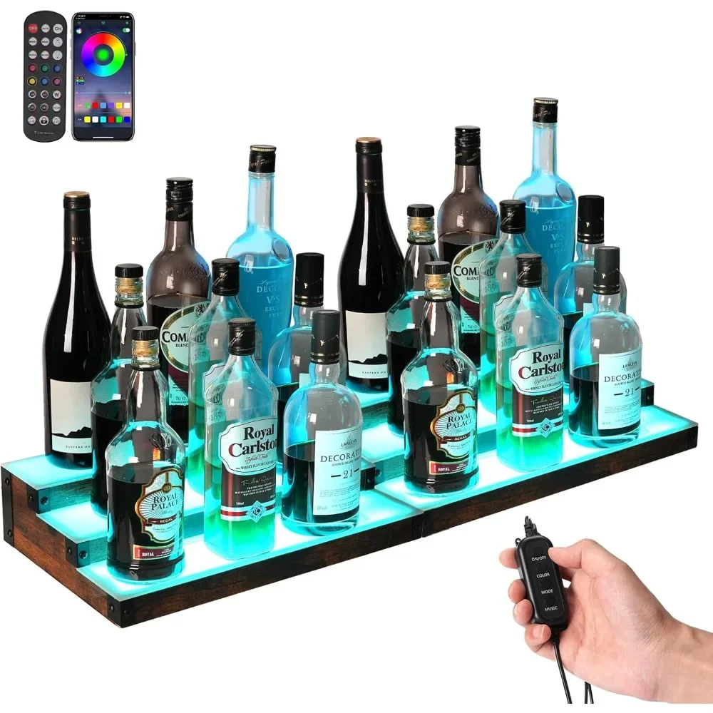 

2 pack 16 inch led lighted liquor bottle display shelf, 3 tier led bar shelves, rgb acrylic bar shelf with rf & app control, 7 c