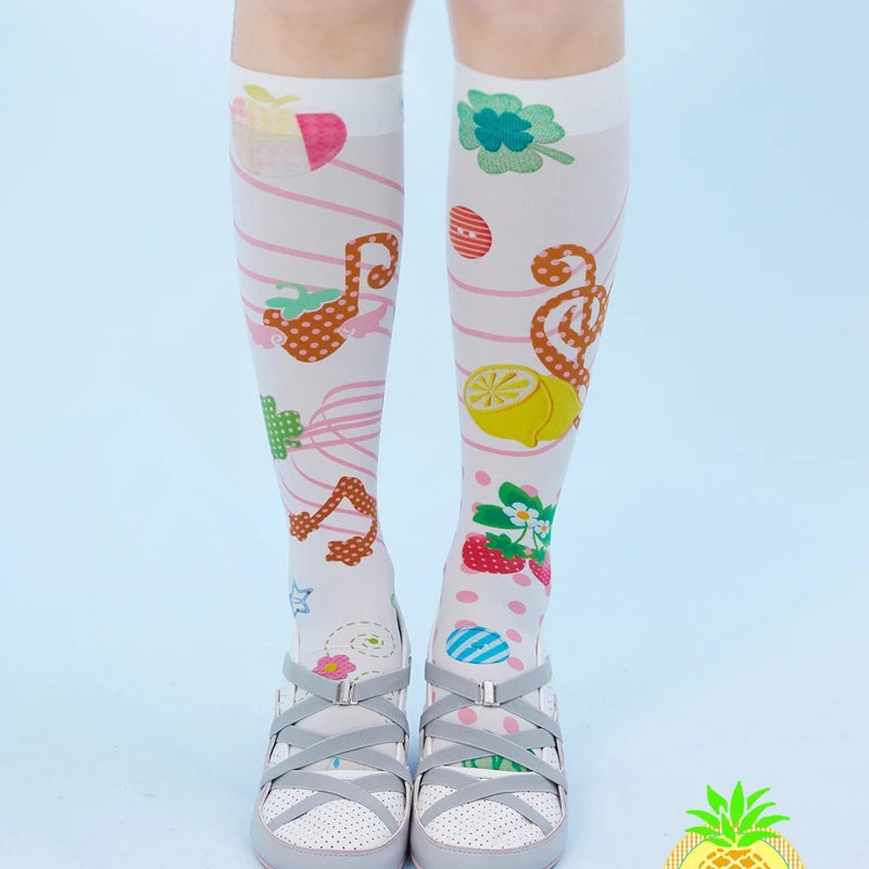 Japanese Original Design Cute Music Note Print White Women's Stockings Autumn New Sweet Cute Versatile Mid-Calf Socks Ladies