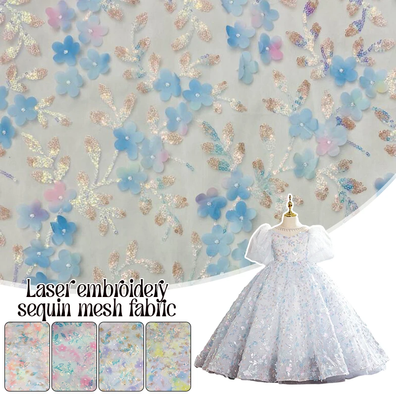 

3D Floral Embroidery Sequin Beaded Mesh Fabric for Spring Summer Children Formal Dress Women High Waist Skirt Party Wear