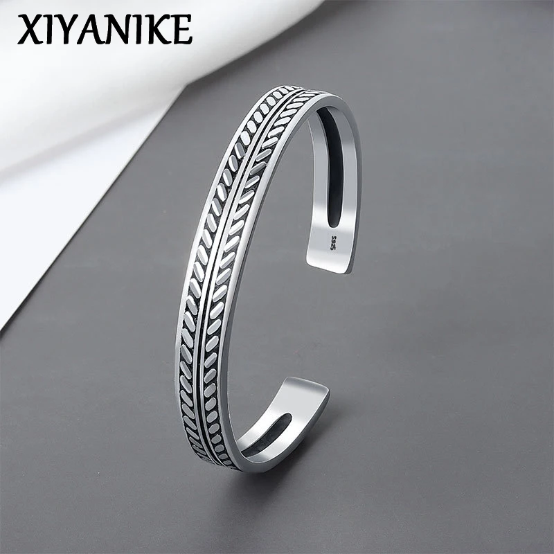 

XIYANIKE Vintage Silver Color New Fashion Leaf Wide Opening Bracelet For Men Women High Quality Handmade Hand Jewelry Party