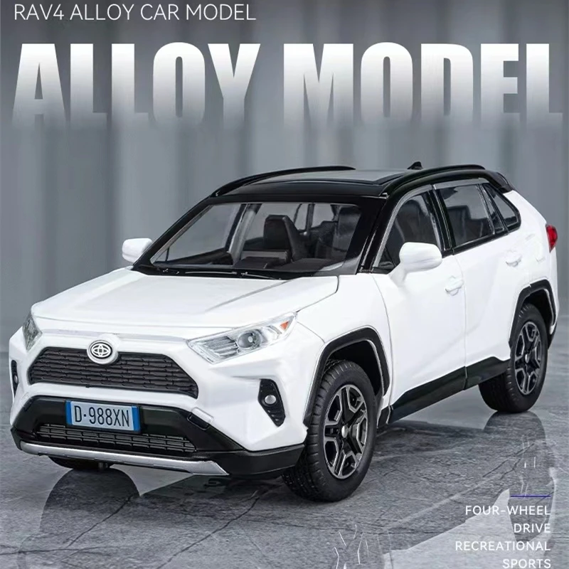 Model mobil mainan Die Cast anak-anak, koleksi mainan ulang tahun, suara dan lampu tarik mundur, Aloi 1:32 Toyota RAV4 SUV 2023