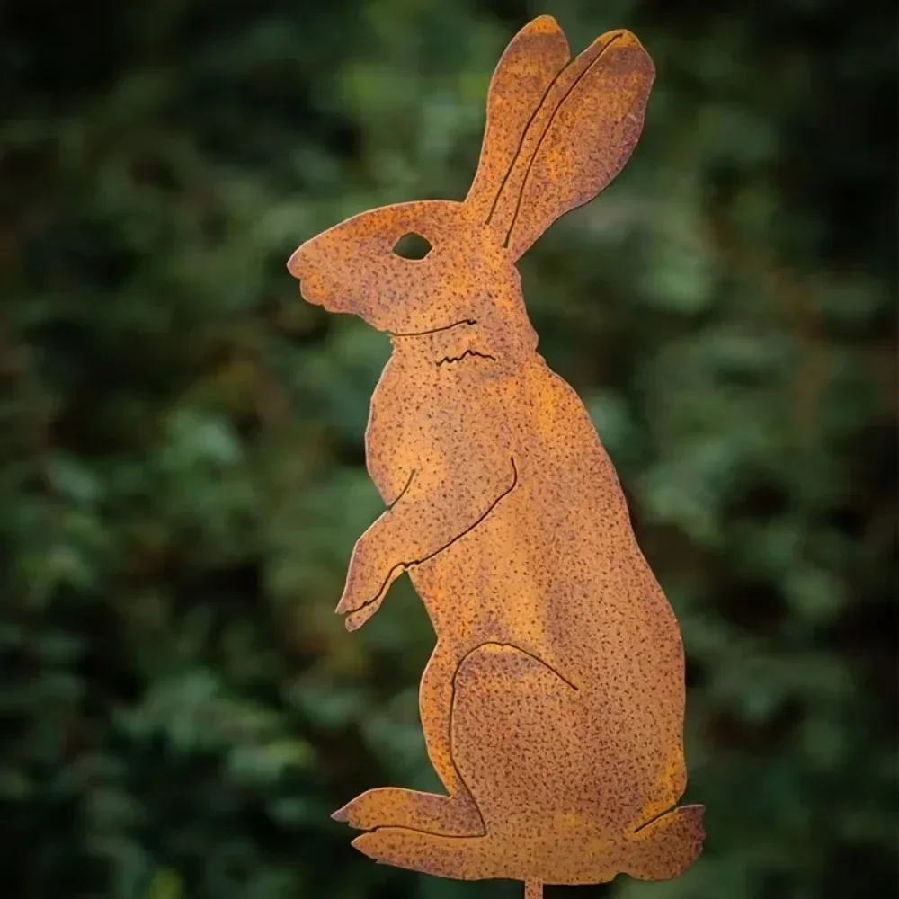 Delightful Rustic Metal Rabbit Garden Stakes – Pleasing Outdoor Decor with Rusty Bunny. Cheerful Outdoor Yard Art for Farmhouse