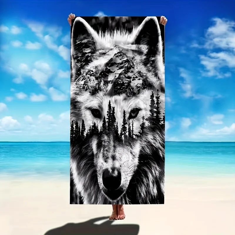 

Large Beach Towel 2D Flat Printed Artistic Wolf Pattern Microfiber Sand Resistant Quick Drying Soft Towel For Outdoor Camping