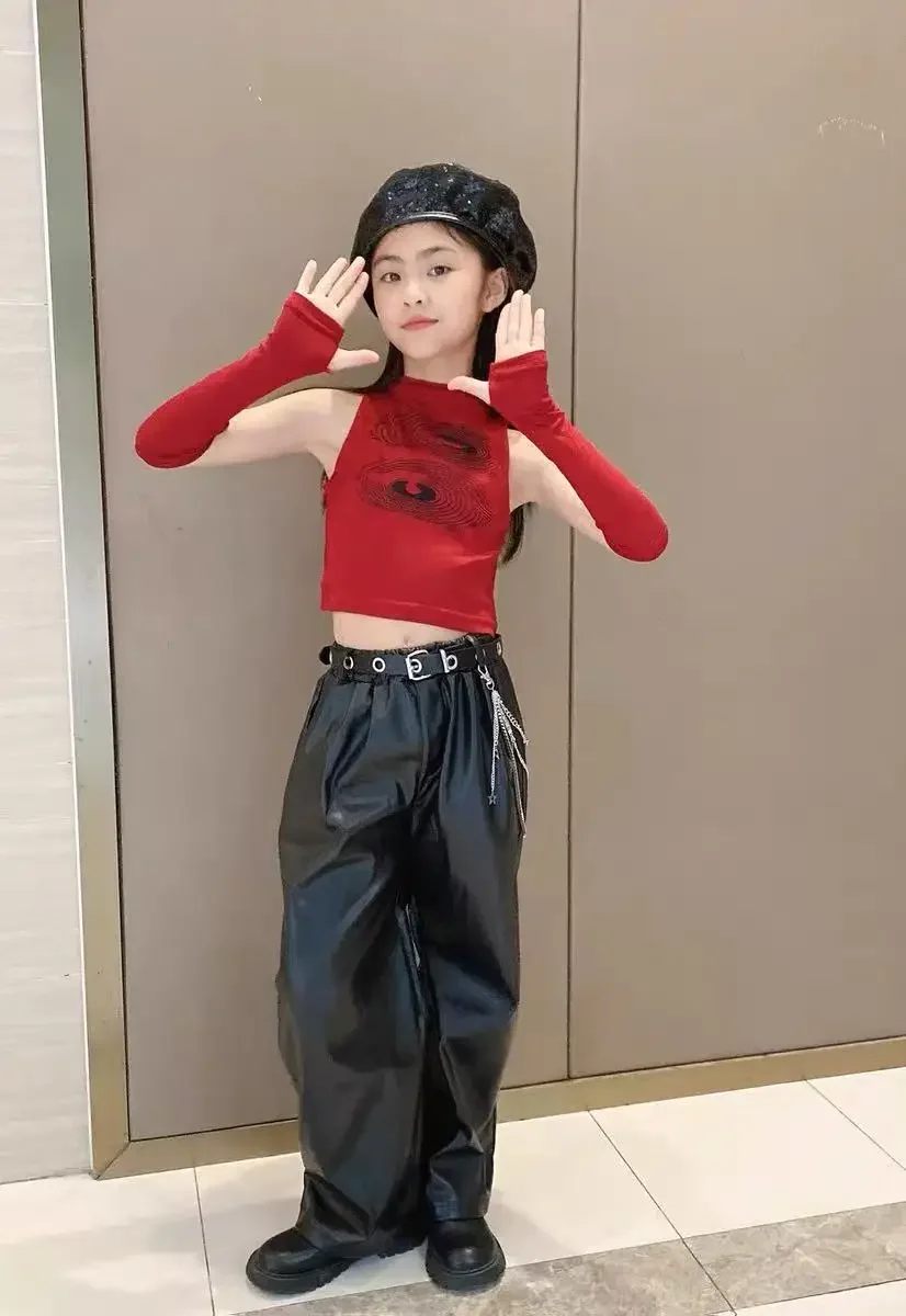 

Новый джазовый костюм для девочек для уличных танцев, детский джазовый танцевальный костюм, крутой жилет, комплект с кожаными брюками, танцевальный костюм для девочек