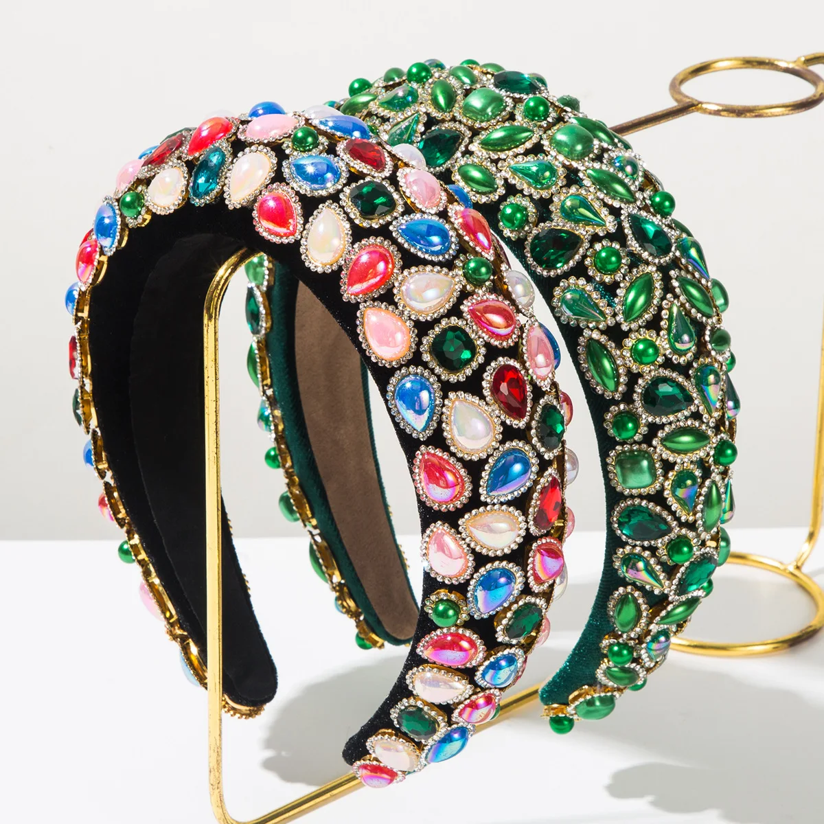 

French retro thickened sponge high cranial top temperament headband heavy industry baroque exaggerated inlaid with diamonds pear